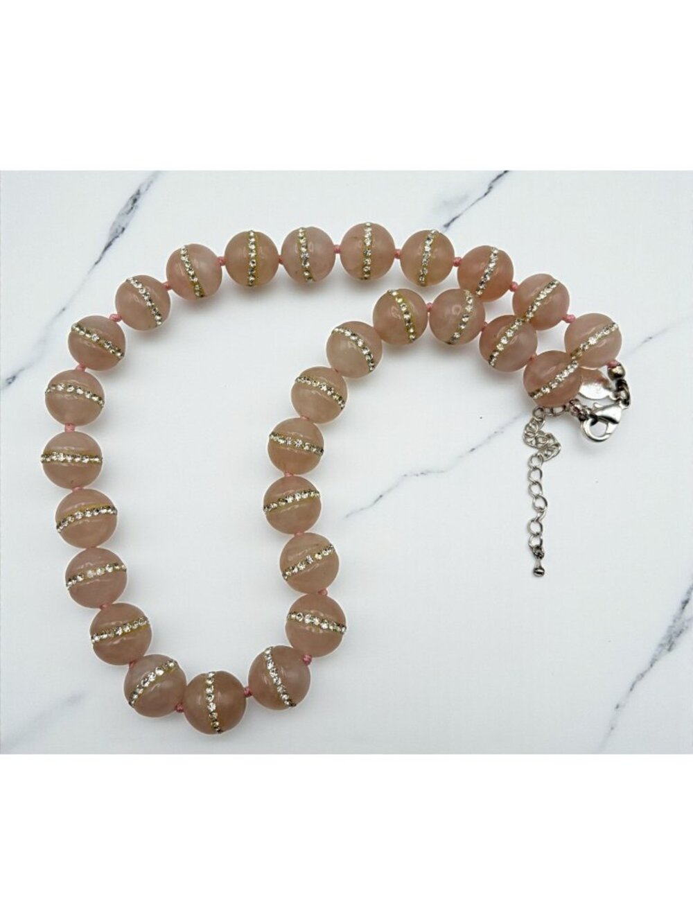 Pale Pink Marbled Beaded Statement Necklace with Rhinestone Stripe Accents